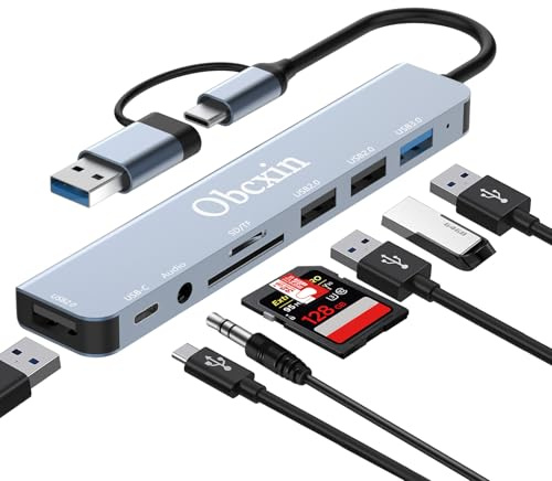 Obcxin Hub USB C 8-in-2, Adaptador USB C con USB 3.0, 2X USB 2.0, Jack de Audio 3.5mm, Lector SD/TF, Conector Dual USB-C/USB-A, Docking Station de Aluminio para MacBook Pro/Air, iPad Pro, Surface Pro