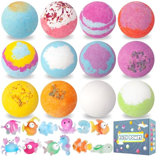 Bombe da bagno per bambini, 12 unità, bombe da bagno con giocattolo a sorpresa all'interno, bombe da bagno in schiuma naturale e organica, regali di Pasqua per bambini e bambine