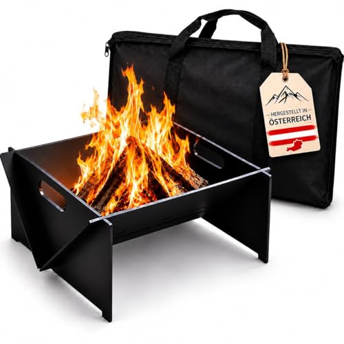 CAMBEL Feuerschale 4mm Stahl Camping Grill, tragbare Feuerstelle Outdoor, Stecksystem zerlegbar, kompakter Feuerkorb für Garten & Camping, inkl. Tragetasche