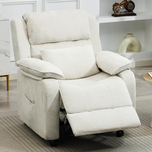 Aeffy Fernsehsessel mit Liegefunktion, Relaxsessel Elektrisch Verstellbar, Schlafsessel mit Armlehnen und Fußstütze, 2 Seitentaschen und Verstellbare Lendenkissen für Wohnzimmer (Beige)