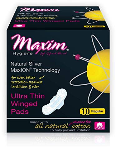 Maxim Hygiene Products, Ultra Thin Winged Pads, Natural Silver MaxION Technology, Regular, 10 Pads