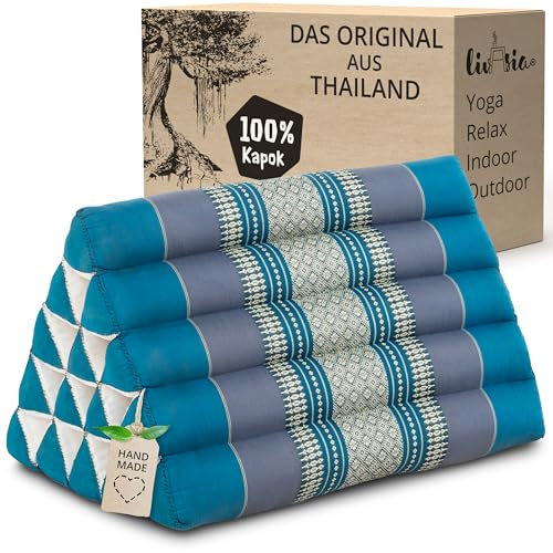 livasia Rückenstützkissen extrahoch - 38x55x35cm - Dreieckskissen für Garten und Balkon, Keilkissen mit Kapok, Lagerungskissen für Beine, handgefertigt, Meditationskissen (Hellblau)