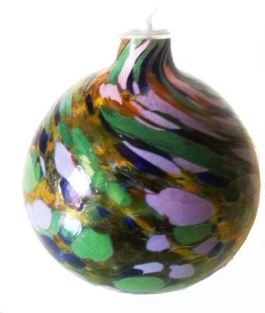 Oberstdorfer Glashütte Öllampe farbige runde Glasöllampe lila grün marmorierte Petrtoleum Lampe mundgeblasenes Kristallglas Durchmesser ca. 9 cm
