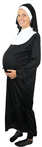 I LOVE FANCY DRESS Costume de nonne enceinte pour femme. Une tunique noir + une collerette blanche + une coiffe noir + ceinture + un ventre gonflable. (Large)
