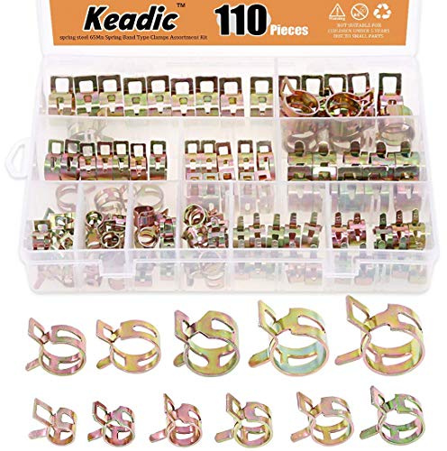 Keadic KSHC-110 110Pcs Hose Clips (7mm to 17mm),Spring Hose Clamps Adjustable 304 Stainless Steel,Mini Fuel Line Pipe Clips,Worm Drive Pipes Hose Clamps Clips Assortment Kit (11 Size)