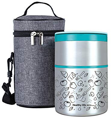 Lille Home 950ml Insulated Food Flask, Vacuum Insulated Stackable Stainless Steel Thermal Lunch/Snack box, 2-Tier Bento/Food Container with Lunch bag (Blue)