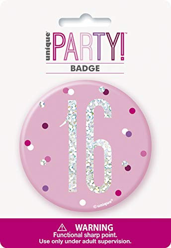 16. Geburtstags-Anstecker - 7,5 cm - Glitzer Rosa & Silber Geburtstag