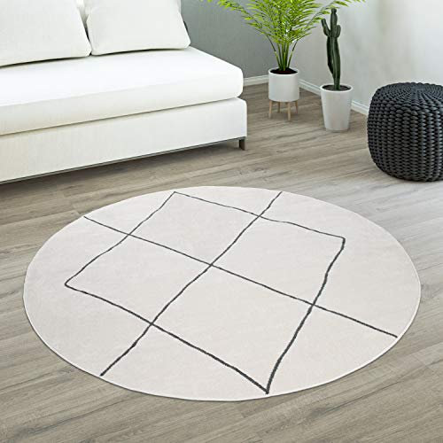 Paco Home Teppich Rund Wohnzimmer Kurzflor Mit Modernem Skandi Rauten Muster Hell, Grösse:120 cm Rund, Farbe:Weiß 3