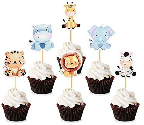 Unimall Global 24 STÜCKE Urwald Zoo Tiere Cupcake Toppers Picks Tiere Thema Party Kuchendekorationen für Kinder Geburtstag Baby Shower Party Cake Topper Decor Supplies, Mehrfarbig