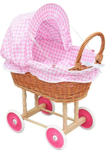 Puppenwagen aus Weide Holz Weidenwagen Kinderwagen Weidenpuppenwagen Verschieden Motive (Hell ROSA | Kariert)