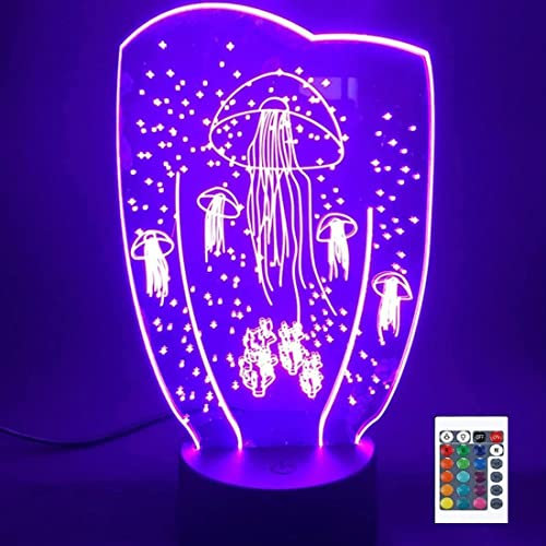 SUPERRUIDALONG 3D Quallen Fisch Fernbedienung 16 Farben Nachtlichter Illusion Acryl LED Tisch Nachttisch Lampe Kinder Schlafzimmer Schreibtisch Dekor Geburtstag Geschenke Spielzeug für Kinder