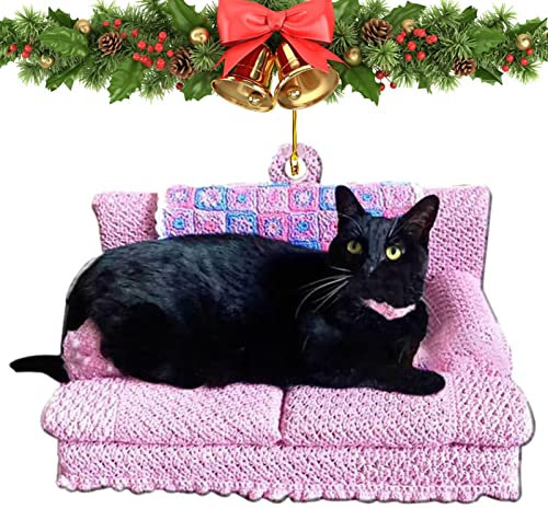 Home Christmas Hanging Decoration - Black Cat Hanging Christmas Tree Decoration with Lanyard - 3D Cat Sitting on Sofa Ornaments Gift for Friends, Family, Kids