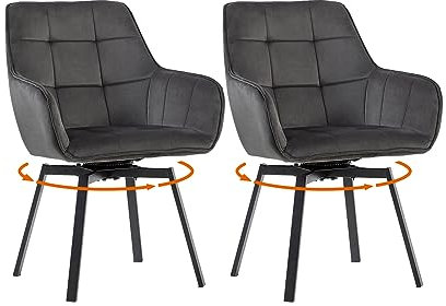 LEMROE 360° Drehstuhl Esszimmerstühle 2er Set Grau Samt Polsterstuhl Schreibtischstuhl Ohne Rollen Ergonomischer Bürostuhl mit Armlehnen und Metallbeinen für Zuhause Arbeitszimmer