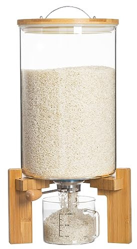 HBlife 16 lbs Glass Rice Dispenser with Wooden Stand Flour and Cereal Container with Glass Measuring Cup Pantry Food Organization Storage Bin with Airtight Bamboo Lid, 8L