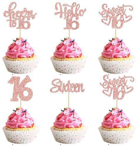 30Pcs 16th Birthday Cupcake Toppers Sixteen Happy 16th Cupcake Picks Cheers to 16 Sweet 16 Cake Decorations for 16th Birthday Anniversary Party Supplies Rose Gold Glitter