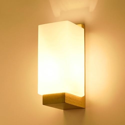 Comely Wandleuchte Innen Weiß, Moderne Wandlampe Innen aus Holz und Glas, Elegante Wandbeleuchtung mit E27 Fassung für Wohnzimmer Korridor Schlafzimmer Flur Nachtlampe