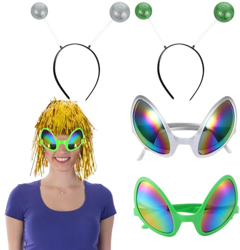 ChAusa 2 Paare Alien Stirnband und Brille, Alien Regenbogenlinse Sonnenbrille, Alien Stirnband in Silber und Grün, Martian Antenne Stirnband für Party Atmosphären Requisiten mit Alien-Motto