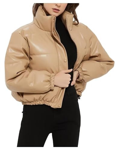 Shuanghao Giacca-Donna Invernale-Ecopelle Oversize-Calda Cotone-Impermeabile Trendy-Elegante Cappotto - Trapuntato Leggera Giacca in Pelle PU,Tinta Unita Giacca con Tasche Modae da Donna Beige L