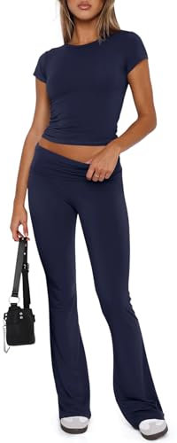 REORIA Damen Freizeitoutfits weiches kurzärmliges bauchfreies Top umklappbare Schlaghose Y2K 2 teiliges Trainingsanzüge Lounge Set Marineblau XS