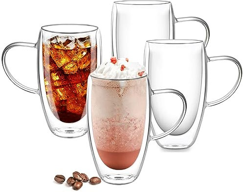 Glass Double Walled Coffee Cups with Handle, Heat Resistant, 4x450ml Reusable Cappuccino Latte Macchiato Tea Glass Mugs, Clear Borosilicate Cups for Hot and Cold Drinks, Dishwasher Safe