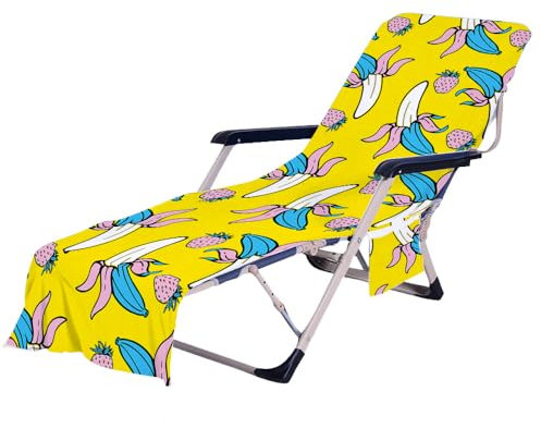 Treer Sonnenliege Auflage, Sommerfrüchte Druck Gartenliege Abdeckung, Frottee Schonbezug Gartenstuhl mit 2 Taschen, für Schwimmbäder Strände Gartenhotels Liegenauflagen (Banane,75x210cm)