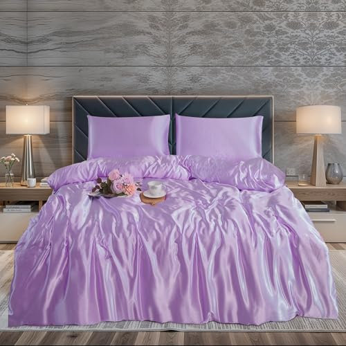 ZIMEL HOMES 3 piece-Satin Duvet Cover Set Soft bedding shiny silky bedding sets - duvet cover, 2 pillowcases (Lilac, King (U.K. Standard))