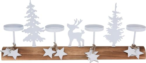 ZauberDeko Teelichthalter Weihnachtsszene Holz Metall Weiß Länglich Adventsgesteck Baum Hirsch Stern 40cm Lang
