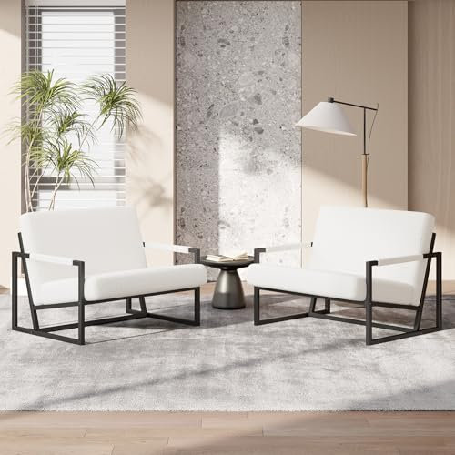 Hawthyhome 2er-Set Sessel Schafwolle Loungesessel aus Kunstleder Extragroß Gepolsterter Sessel mit Armlehnen Loungesessel mit Vollmetallrahmen Wohnzimmer/Schlafzimmer Weiß