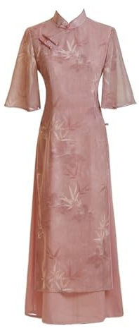 SXTYYH Robe Vietnamienne Ao Dai Traditionnel for Femmes Rose été Style Chinois Mince Qipao Robe Longue Améliorer Mode Imprimer Robe Cheongsam