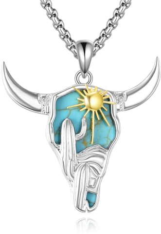 YONFQE Türkis Stier Halskette 925 Sterling Silber Longhorn Anhänger Halskette Kette Kaktus Schmuck Geschenke für Frauen und Männer