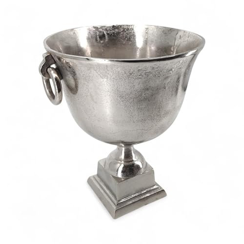 Silberner Deko-Pokal aus Aluminium - bepflanzbare Amphore im Antik-Look, 37cm hoch, schwere Vase auf Sockel mit Griffen - stilvolle Pflanzvase für Wohnraum, Flur, Tisch oder Außenbereich