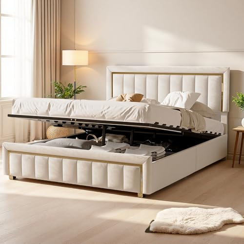 Aneutr Polsterbett Doppelbett 140x190 Hydrauliksystem, Stauraumbett mit Bettkasten und Lattenrost, Modern Jugendbett Funktionsbett Bettgestell mit Kopfteil, Samt, Ohne Matratze (Beige Gold, 140x190)