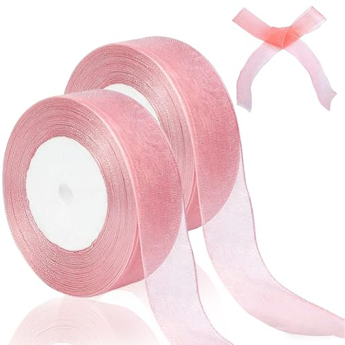 JAXICREY 2 Rolle Rosa Organzaband, Rosa Schleifenband Breit 2.5cm x 45m, Geschenkband Organza, Organza Band Transparentes für Geschenkverpackungen, Blumensträuße, Geburtstage, Hochzeiten, DIY