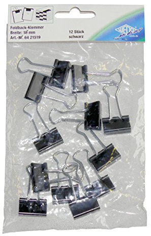 Wedo 6421519 Foldback Klammern, 12 Stück im Beutel, lackiertes Metall abnehmbare Bügel, starke Feder, 19 mm, schwarz/silber
