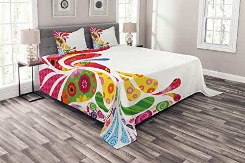 ABAKUHAUS Paisley Tagesdecke Set, Retro Blumenblatt-Kunst, Set mit Kissenbezügen Waschbar, für Doppelbetten 264 x 220 cm, Magenta Creme