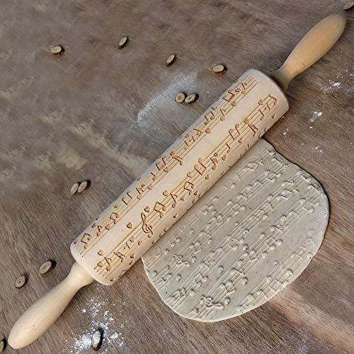 Uteruik - Mattarelli in legno con motivo a note musicali, incisi, in rilievo, per cucina, biscotti, fondente, 1 pezzo
