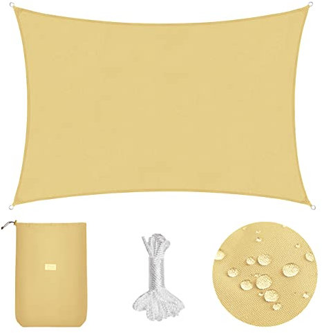 Sekey Sonnensegel Wasserdicht 2x3m Rechteckig PES Polyester, Sonnenschutz 95% UV Schutz Windschutz Reißfest Wetterfest, für Balkon Garten, mit Ösen und Befestigungsseile, Sand