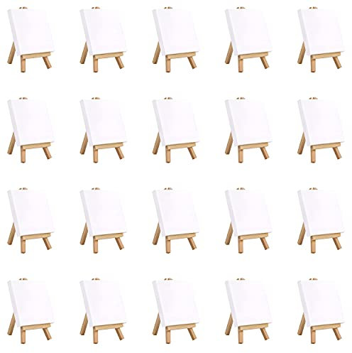 Belle Vous 20er Pack Mini Leinwand mit Holz Bildhalterung Ständer Tisch Staffelei - L10cm x B10cm - Vorgespannte, Grundierte Leere Leinwand - Staffelei Holz Klein für Malen & Zeichnen Öl & Acryl