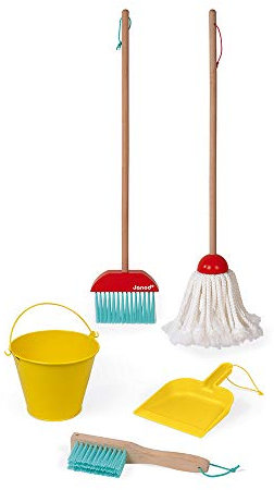 Janod - Set de limpieza - 5 accesorios de madera realistas - Escoba + Fregona + Cubo + Pala + Cepillo - Juguete de imitación de madera para niños - A partir de 2 años, J06588