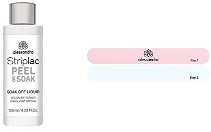 alessandro Striplac Peel or Soak Soak-Off Liquid – Spezialentferner zur Ablösung von Peel – 125ml & Striplac Peel Or Soak Polish File - Zwei-Step Polierfeile für hochglänzende Nägel, 2 x 1 Stück