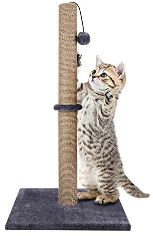 Trintion Cat Scratching Post 74cm Foldable Bottom Tall Cat Claw Scratcher with 4 Toy Ball Natural Sisal Scratch Pole and Soft Carpet Covered Heavy Base Modern Stable Design (Gray 74cm 1Ball)