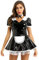 renvena Damen Dienstmädchen Kostüm Sexy Lack Leder Minikleid mit Satin Schürze Halsband Lolita Maid Uniform Cosplay Kostüm Clubwear Schwarz XL
