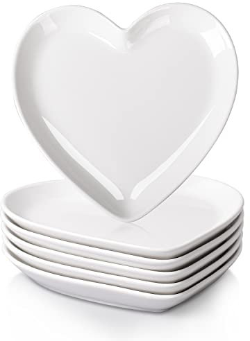 DELLING Heart Shaped Dessert Salad Plates- 6 Pack, 7.3 Inch Ceramic White Dinner Plates, Heart Dishes for Dessert, Appetizer, Steak, Snacks, Microwave & Oven Safe, Thanksgiving & Christmas Day Gifts