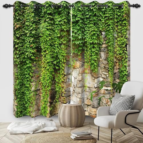 DORCEV Green Ivy Leaf Blackout Curtains Leaf Curtains Ivy Green Window Curtains Stone Wall Spring Scenery Leaves Vine Curtain Grommet Drape Treatments for Living Room Bedroom Decor,53x96 inch,2 Panels