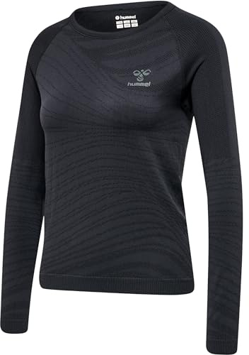 hummel Damen Hmlongrid Seamless L/S Wo Yoga Shirt, Jet Black/Forged Iron, L EU
