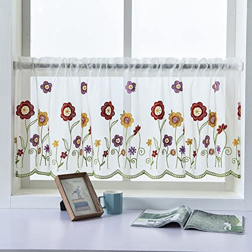 Ricemru Voile Scheibengardinen Kurzstore Landhausstil 50 Weiß Stickerei Blumenmuster Kurzvorhang Bistrogardine Transparent Modern Kurz Küche Balkontür und Fenster,80x50cm