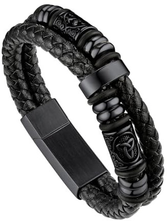 Bandmax Herren Schwarzes Lederarmband Mikrofaser-Leder Flechtarmband mit Kompass und keltischem Schmuckzubehör Lederarmband mit Magnet Verschluss Geflochtenes Armband zum Geburtstag/Vatertag