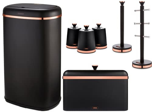 Tower Cavaletto Black & Rose Gold Kitchen Accessories set of 7-58L Sensor Bin, Bread Bin, 3 Canisters, Mug Tree & Towel Pole Contemporary Matching Set