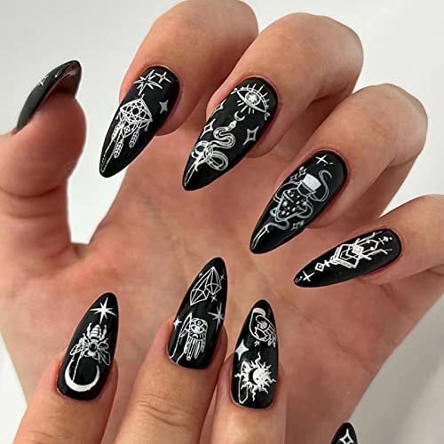 RUNRAYAY 24Pcs Presse auf Nägel Mandel, schwarze Punk Schlange gefälschte Nägel Sarg, falsche Nägel für Frauen und Mädchen