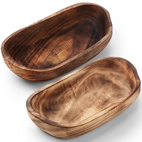 2 Pcs Wooden Dough Bowls for Decor Oblong Decorative Bowl Home Decor Fruit Vessel for Kitchen Counter Rustic Carved Serving Container Long Wooden Bread Tray for Dining Room Table(10 x 6 x 2 Inch)